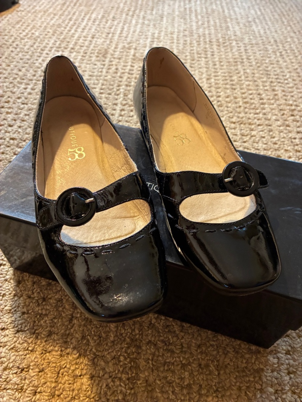 Boutique 58 Black Patent Mary Jane Flats with Round Buckle